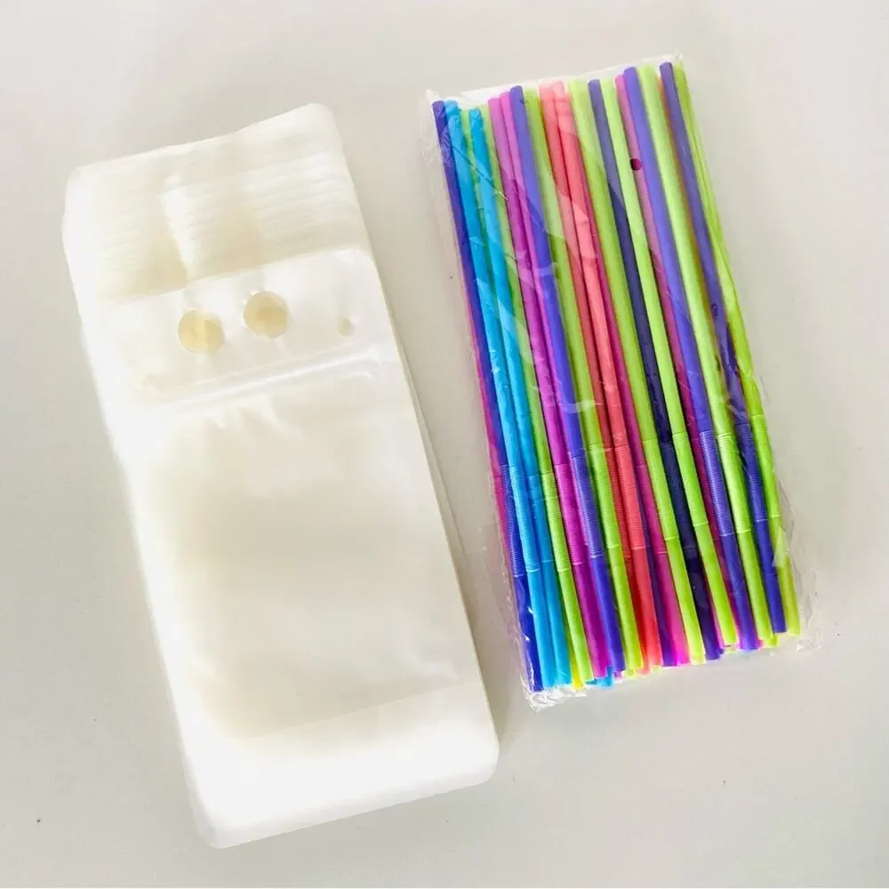 NEW ANTHROPOLOGIE Clear Sealed Pouch Travel Beverage Cup Rainbow Blue Pink Straw